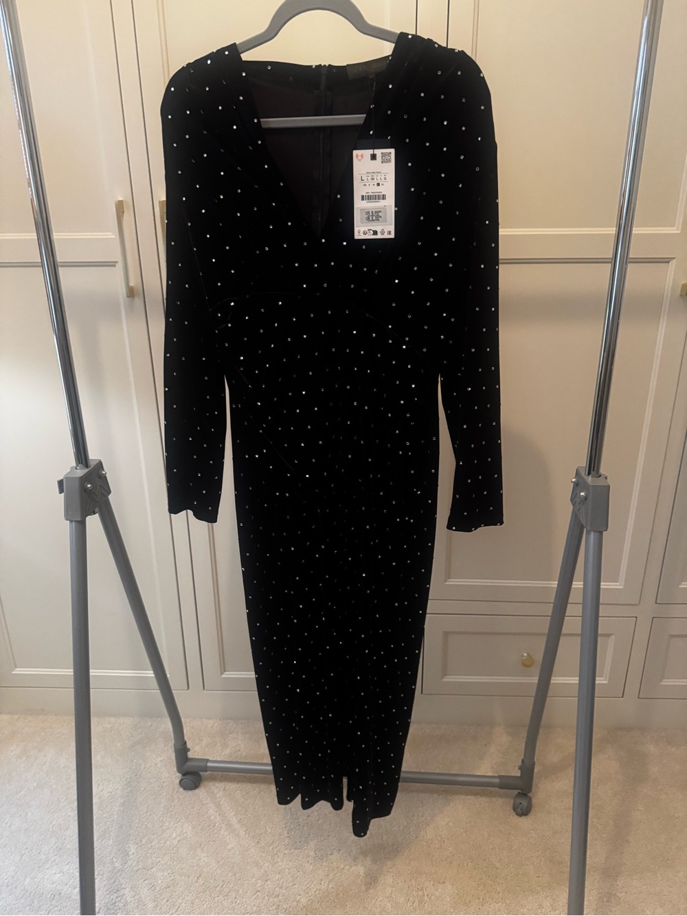 Zara Black Velvet Long Sleeve Dress with Crystal Dots